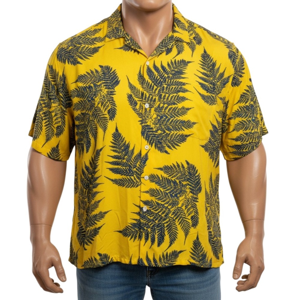 Fern Leaf Camp Shirt Mens 3XL Mustard Yellow Blue Y2K Vacation Hawaiian Rayon